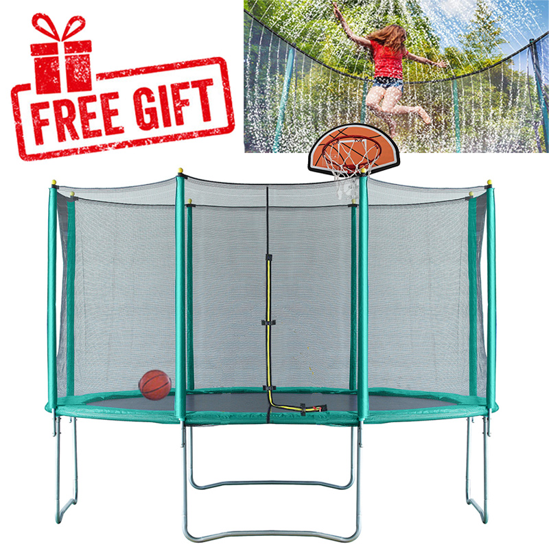 Mako Air 12ft Trampoline with Safety Enclosure - Free Basketball & Water Mister - Green