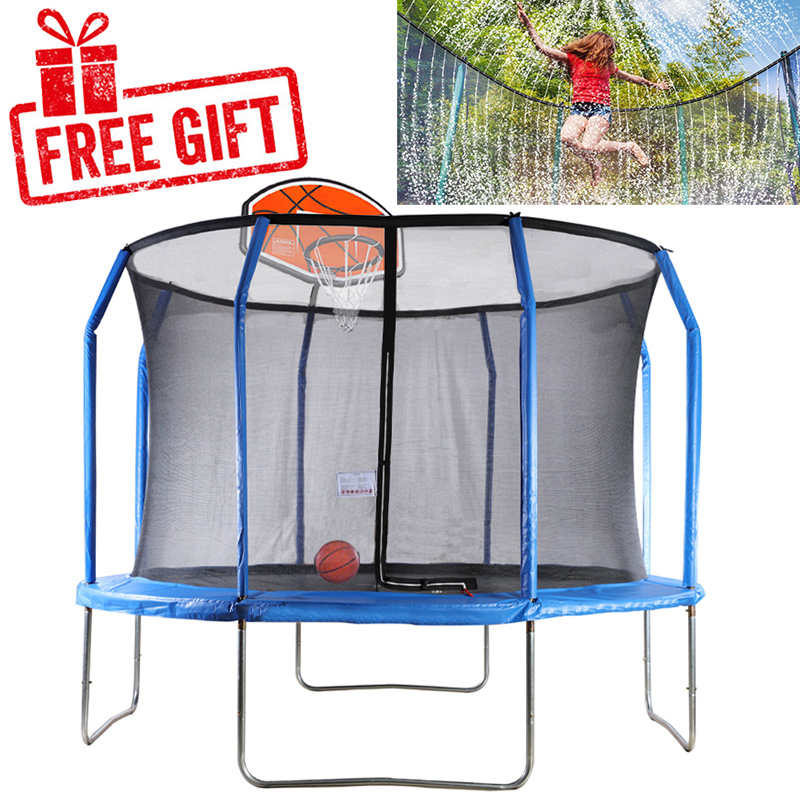 Mako Bounce 12ft Trampoline with Safety Enclosure - Free Basketball & Water Mister - Blue