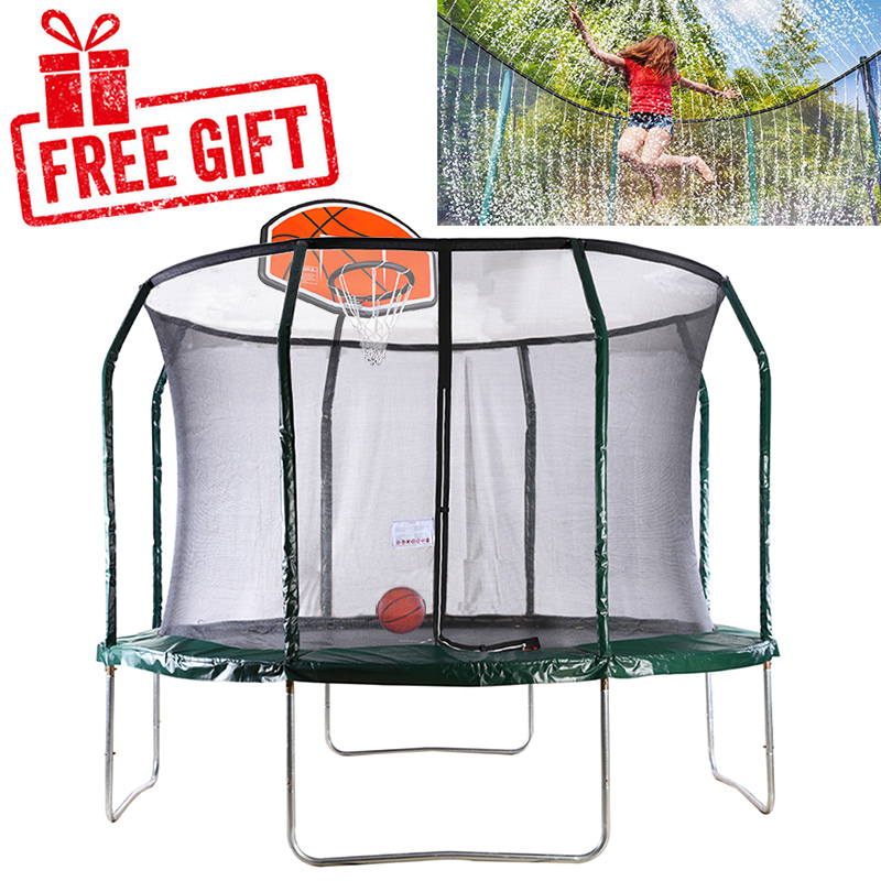 Mako Bounce 12ft Trampoline with Safety Enclosure - Free Basketball & Water Mister - Green