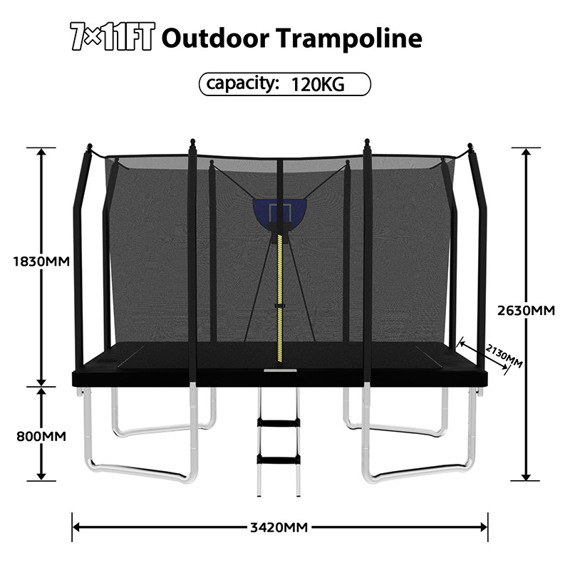 Big Air Bounce 7x11ft Rectangular Trampoline with Safety Enclosure Grey FREE Ladder & Basketball Game