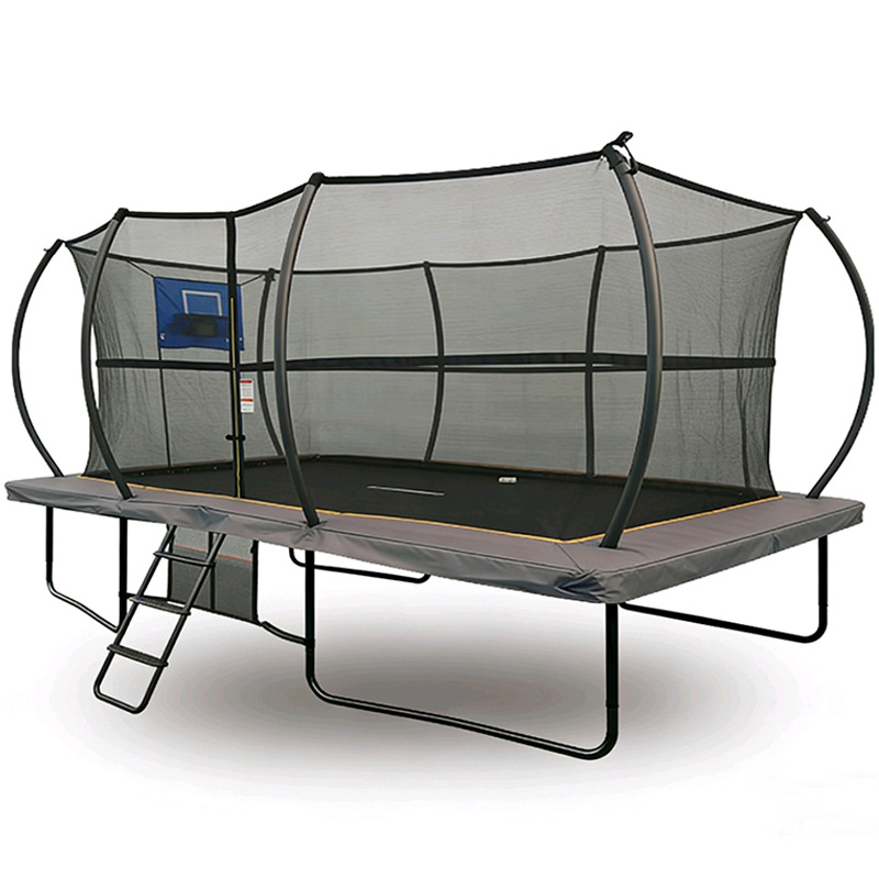 Big Air Super Bounce 8x12ft Rectangular Powder Coated Trampoline with Safety Enclosure Grey - Free Ladder Shoe Tidy Anchor Kit Basketball